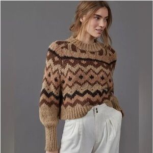 ANTHROPOLOGIE Faire Isle Brown Patterned Sweater Wool Blend XS